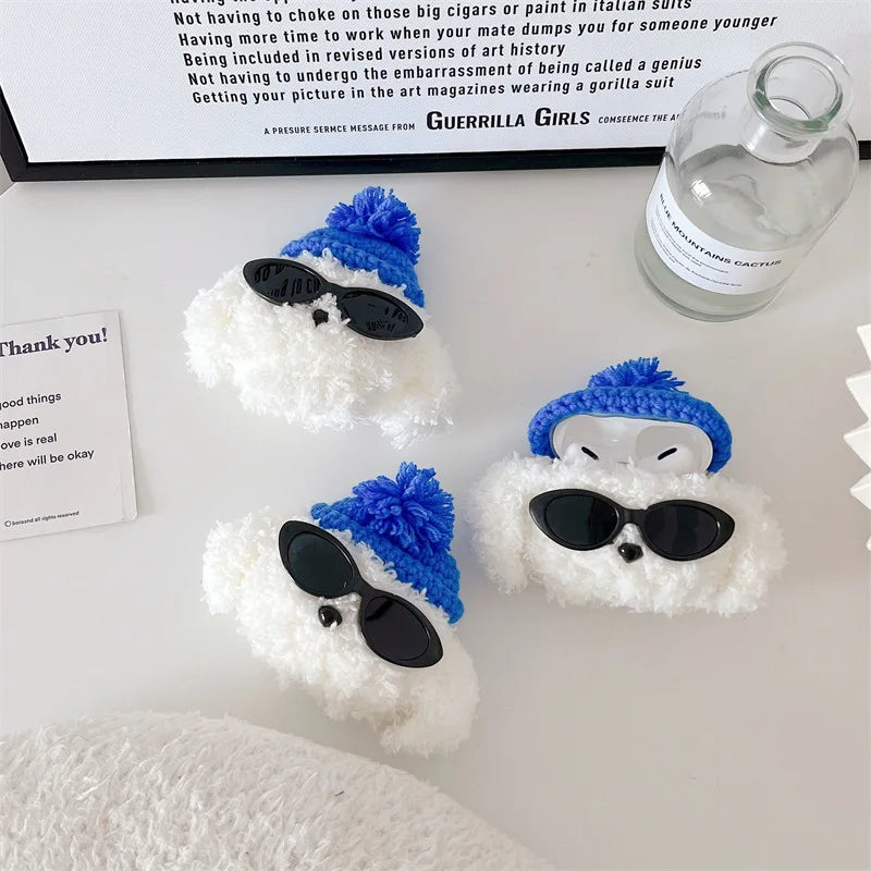 Cute Fur Sunglasses Dog Cover For Airpods Pro 2 Case    Plush Wireless Earphone Bluetooth Protective Case For Airpods 4 3 2 1