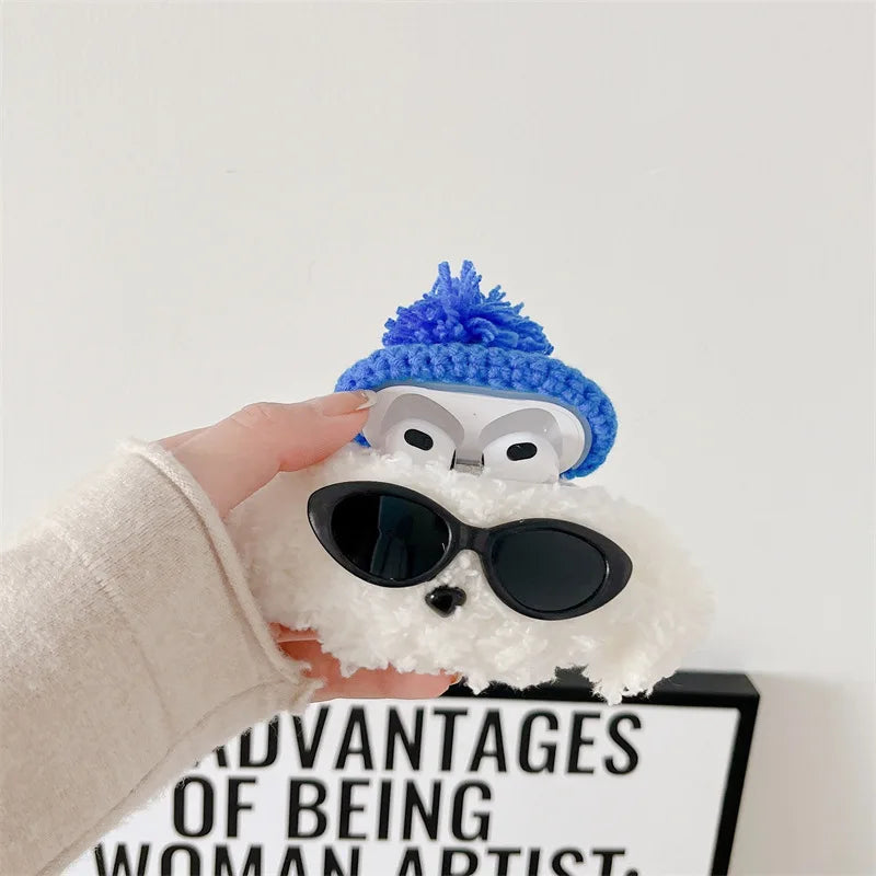 Cute Fur Sunglasses Dog Cover For Airpods Pro 2 Case    Plush Wireless Earphone Bluetooth Protective Case For Airpods 4 3 2 1