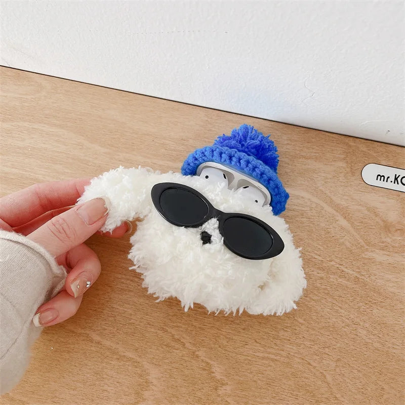 Cute Fur Sunglasses Dog Cover For Airpods Pro 2 Case    Plush Wireless Earphone Bluetooth Protective Case For Airpods 4 3 2 1