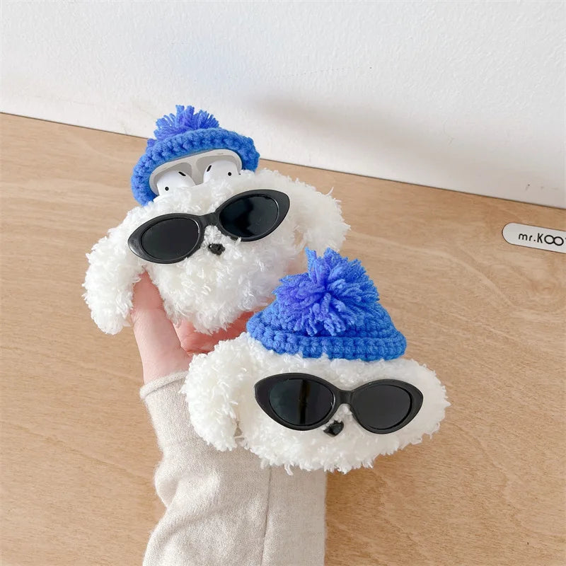 Cute Fur Sunglasses Dog Cover For Airpods Pro 2 Case    Plush Wireless Earphone Bluetooth Protective Case For Airpods 4 3 2 1